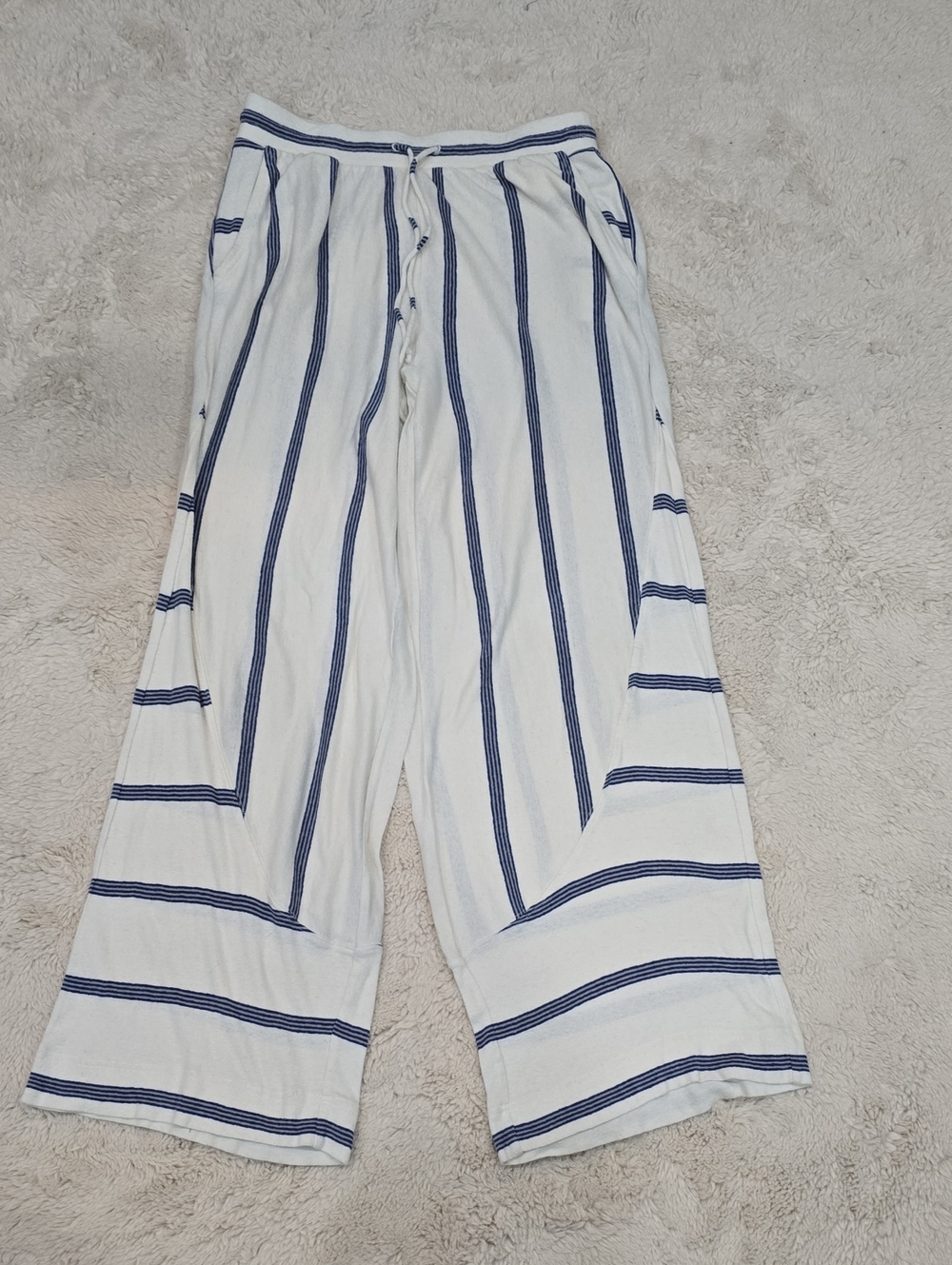 Casual Wide-Leg Drawstring Pants - White with Navy Stripes